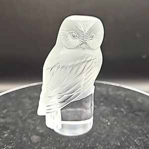 Signed Lalique Frosted & Clear Crystal Owl Sculpture